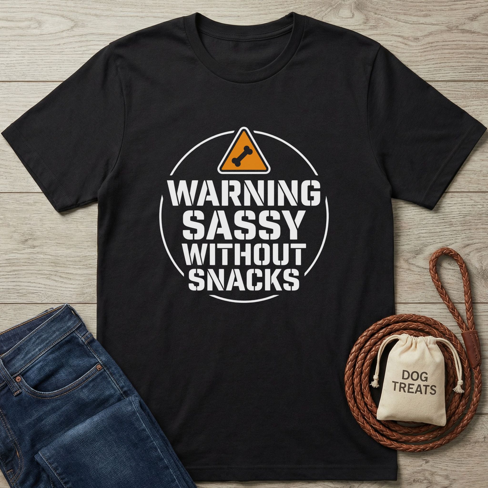 Black Gildan Softstyle t-shirt with "WARNING SASSY WITHOUT SNACKS" text, next to jeans and dog treats.