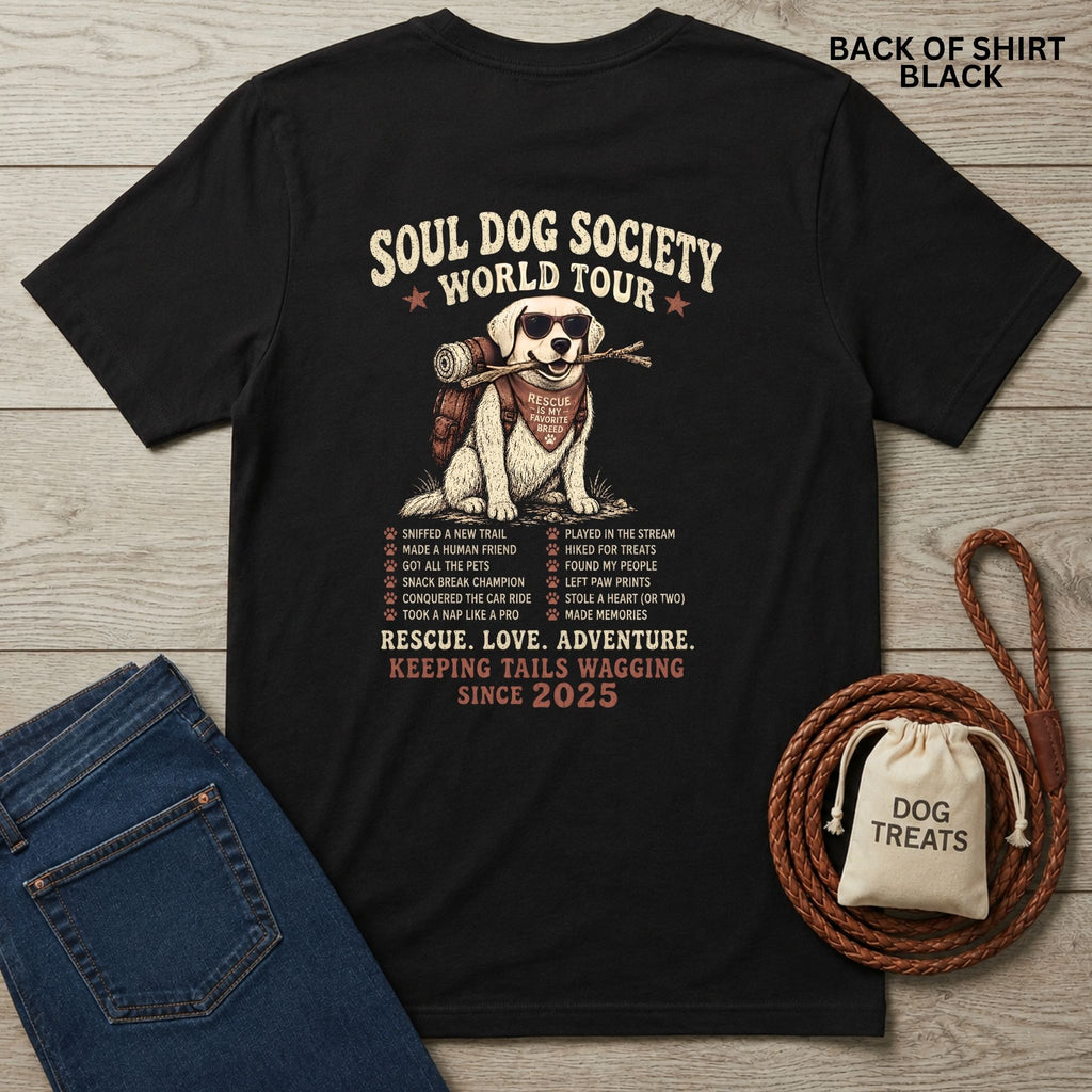 Black Soul Dog World Tour T-shirt with a graphic of a dog wearing sunglasses and a backpack, plus a list of dog adventures.