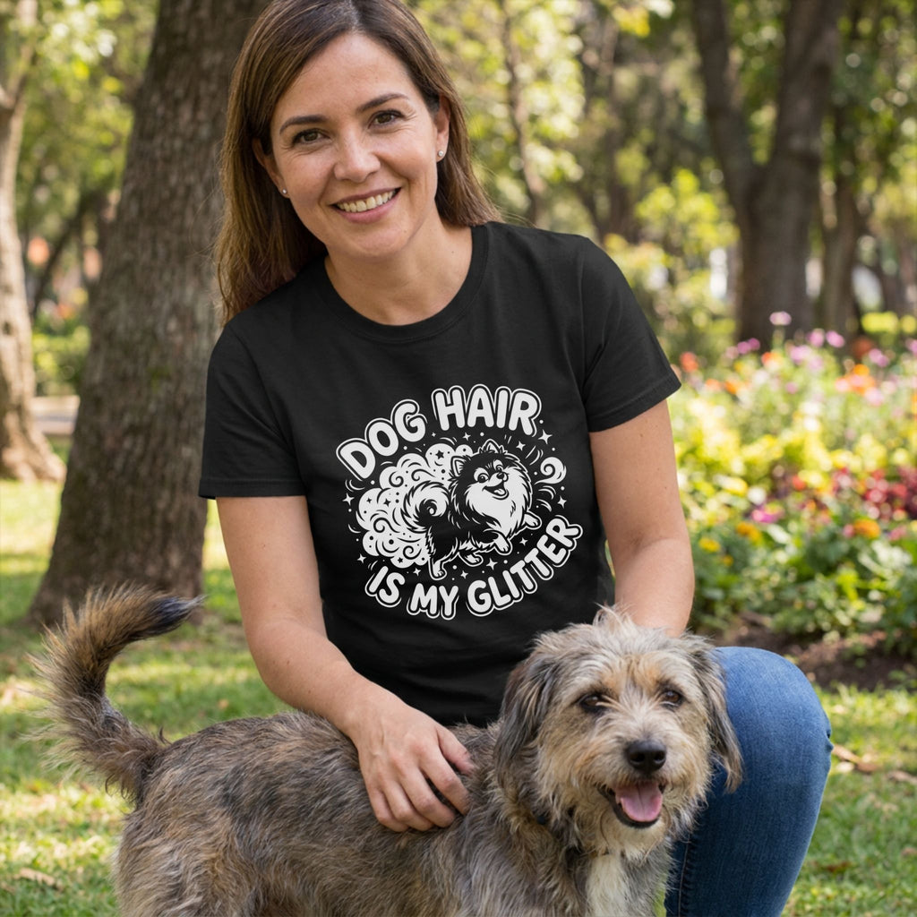 Smiling woman in a black "Dog Hair Is My Glitter" t-shirt with a fluffy dog graphic, petting a scruffy dog outdoors.