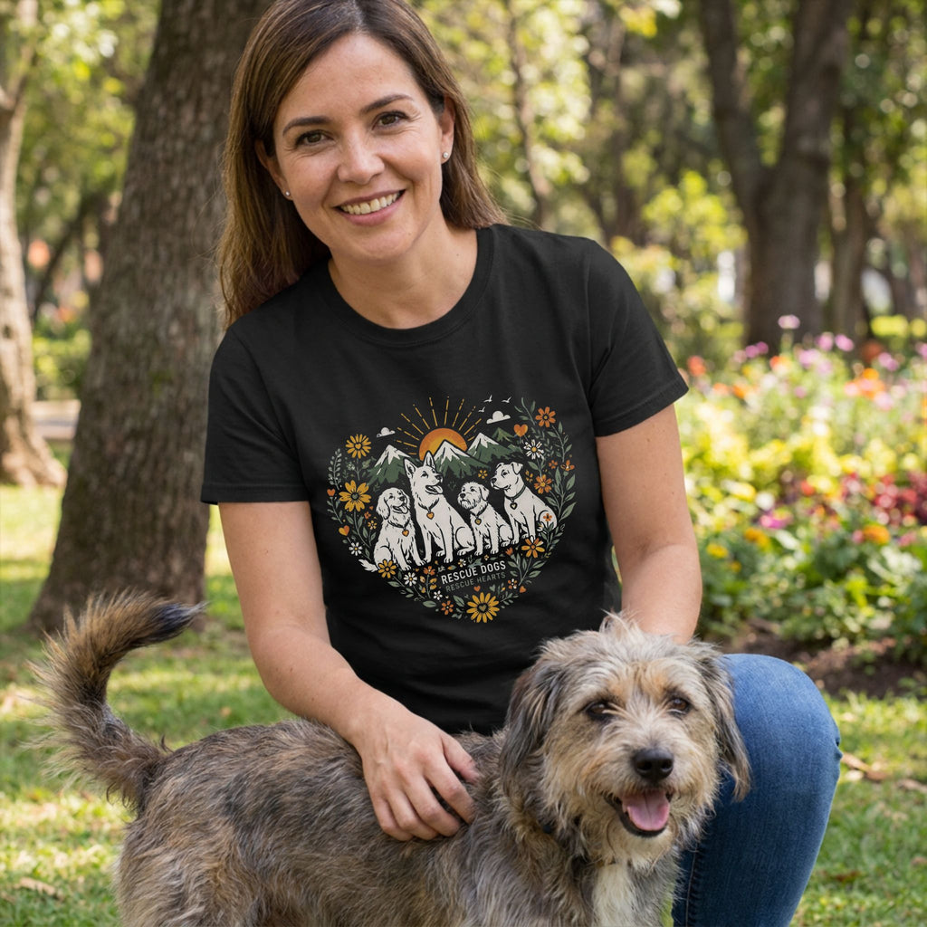 Woman in black "Where Love Grows" T-shirt with rescue dogs and mountain design, petting a dog outdoors.