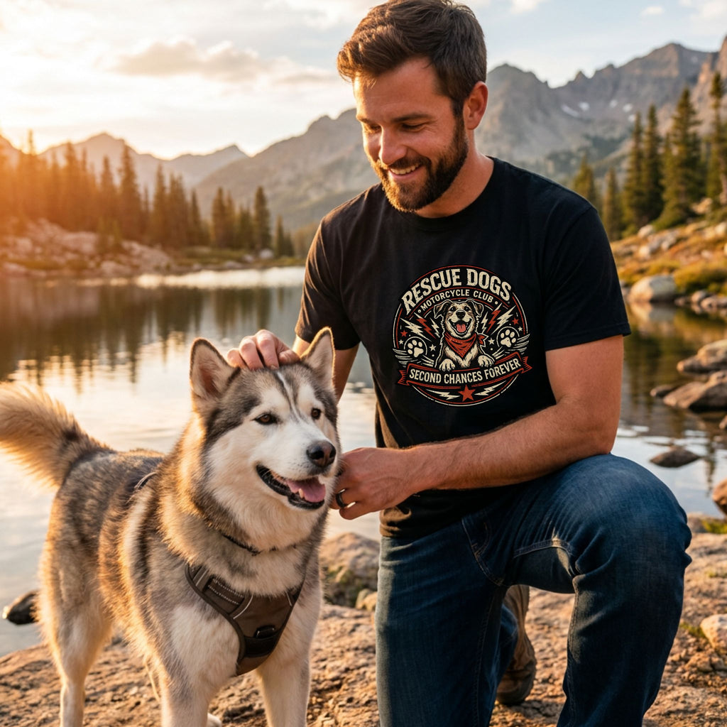 Man in black "Rescue Dogs Motorcycle Club" tee petting a husky by a lake at sunset.