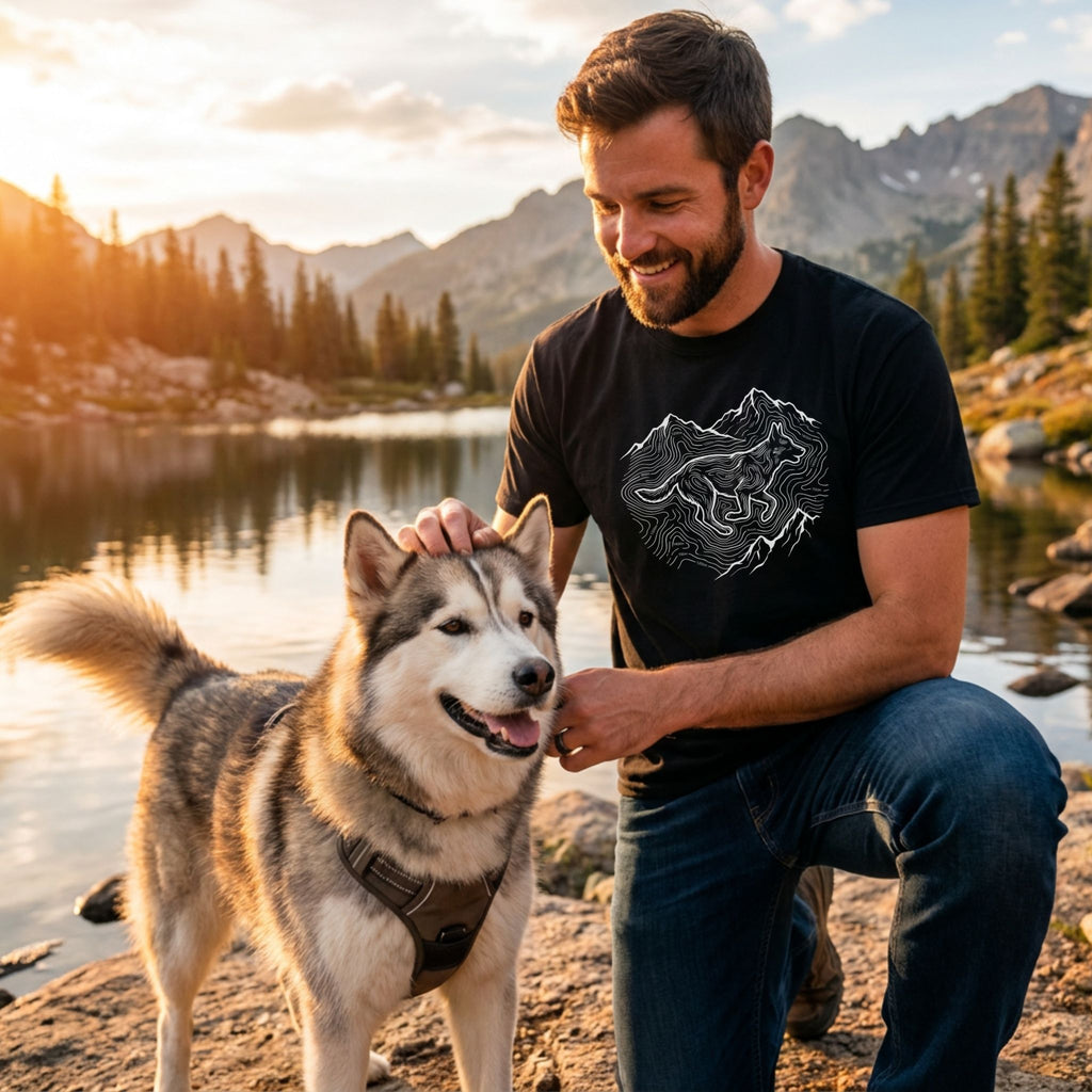 Man in black "Elevation Lines" tee petting a husky by a lake with mountains at sunset.