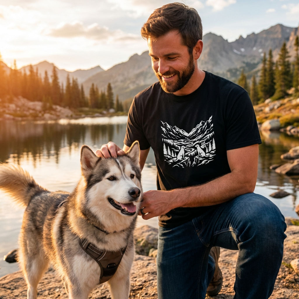 Man in black Rescue Ridge T-shirt with mountain and dog graphic petting a husky by a lake at sunset.