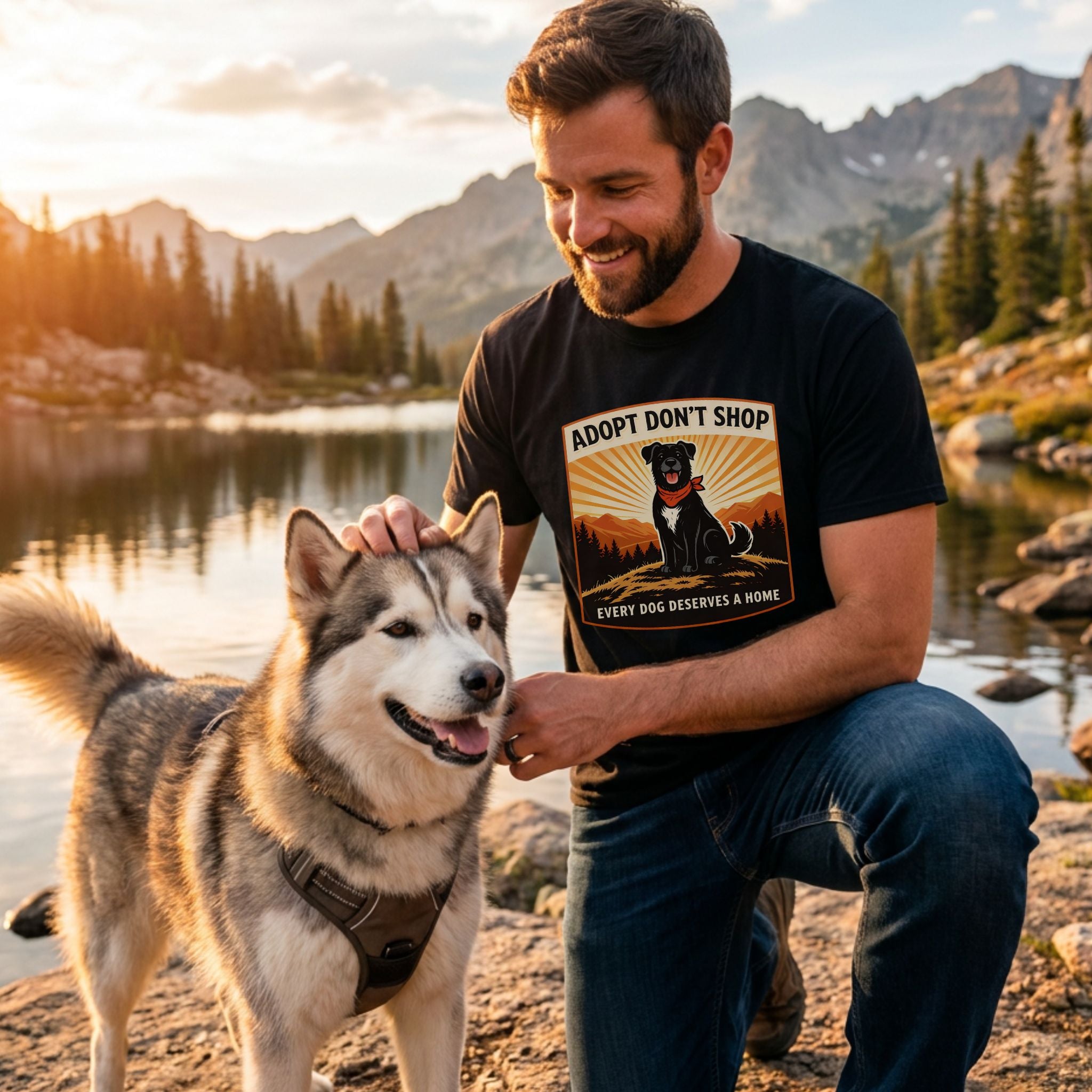 Man in black "Adopt Don't Shop" Black Lab tee petting a husky by a mountain lake at sunset.