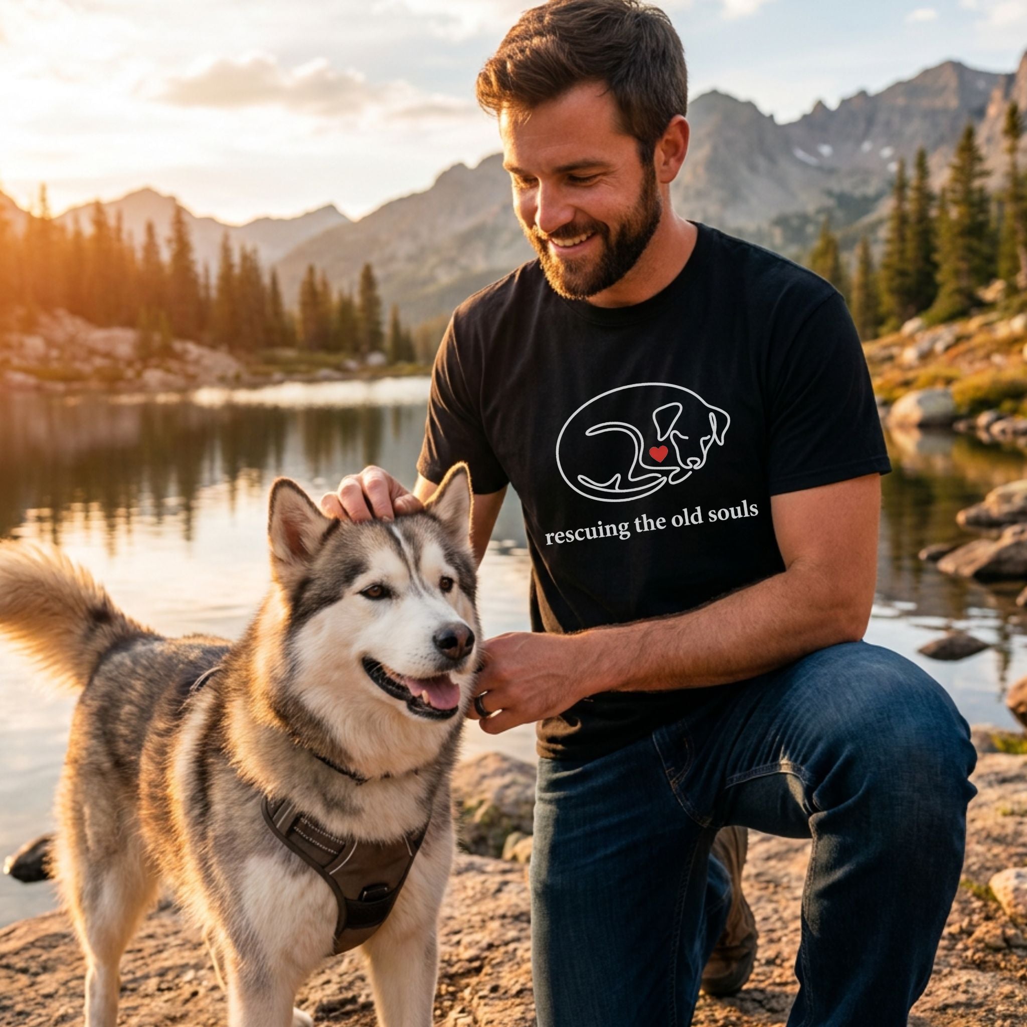 Man in black "rescuing the old souls" tee petting a husky by a lake at sunset.