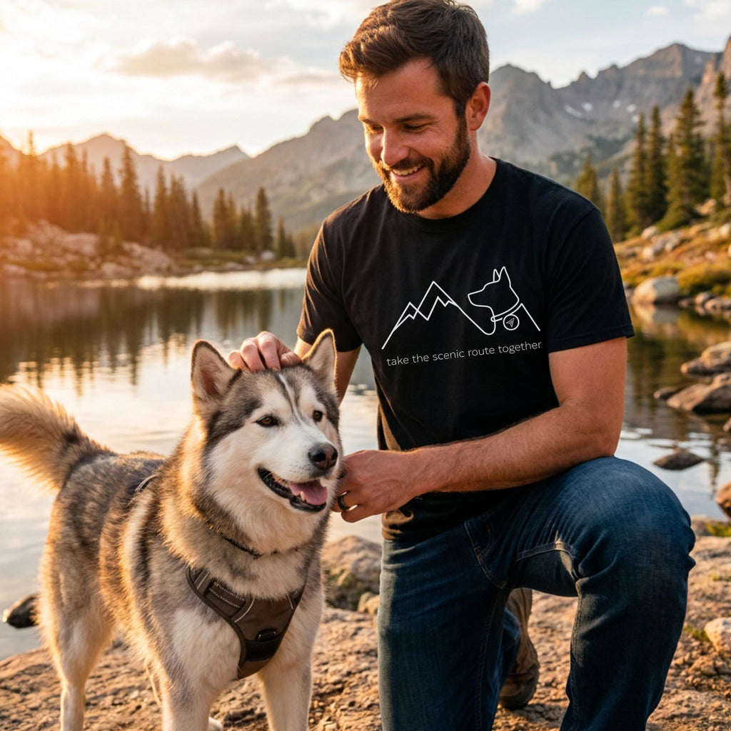 Man in black "take the scenic route together" t-shirt petting a husky by a mountain lake at sunset.