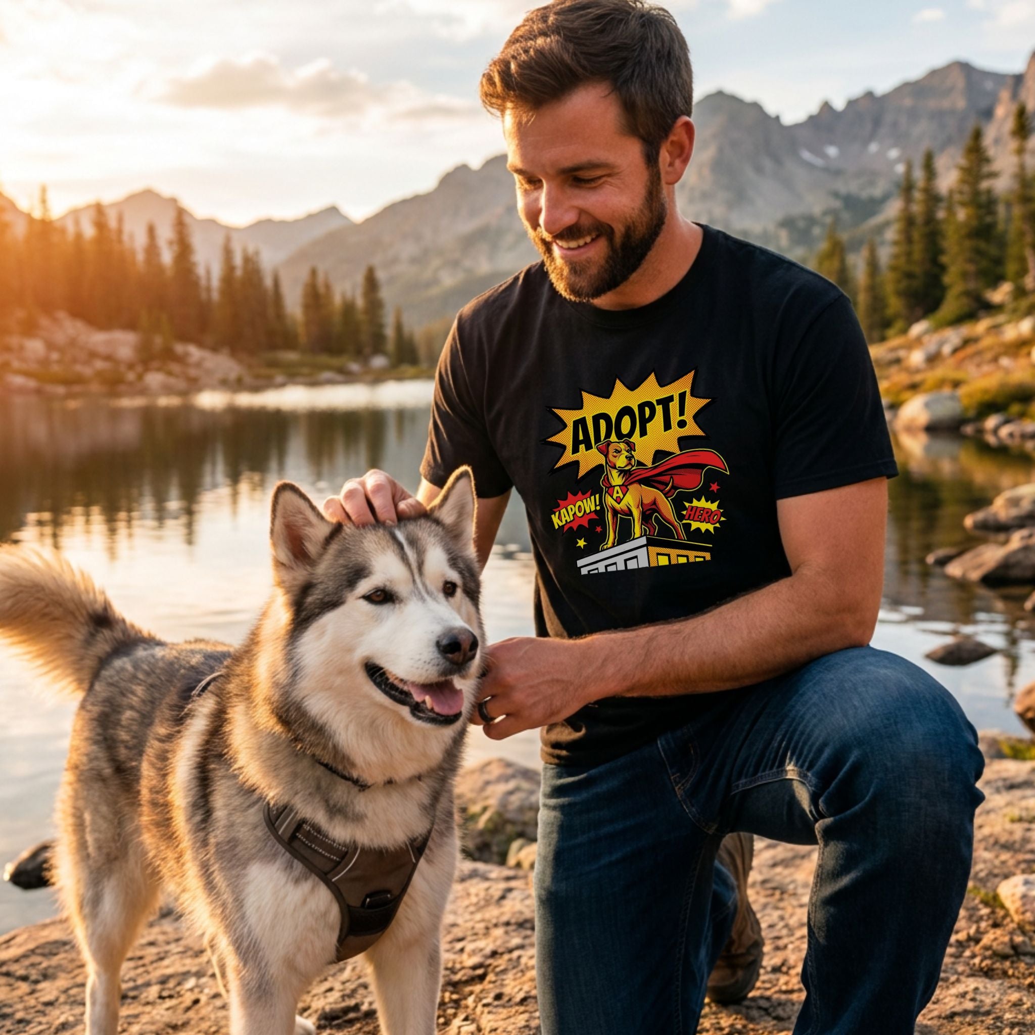 Man in black "Adopt Dog Comic" t-shirt petting a husky by a lake with mountains.
