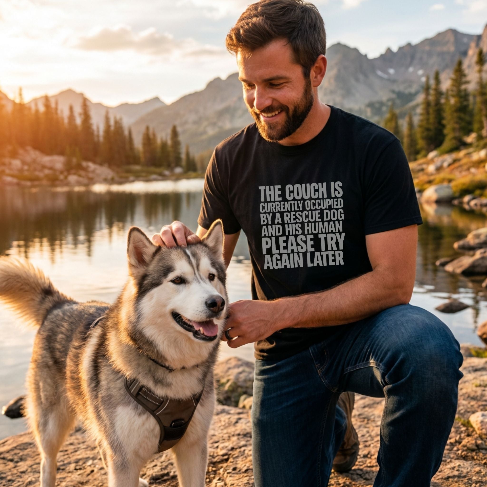 Man in black "Couch Occupied" tee petting a husky by a lake at sunset.