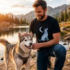 Man in black Blue Moon T-shirt with mountain-filled dog silhouette, petting a husky by a lake at sunset.