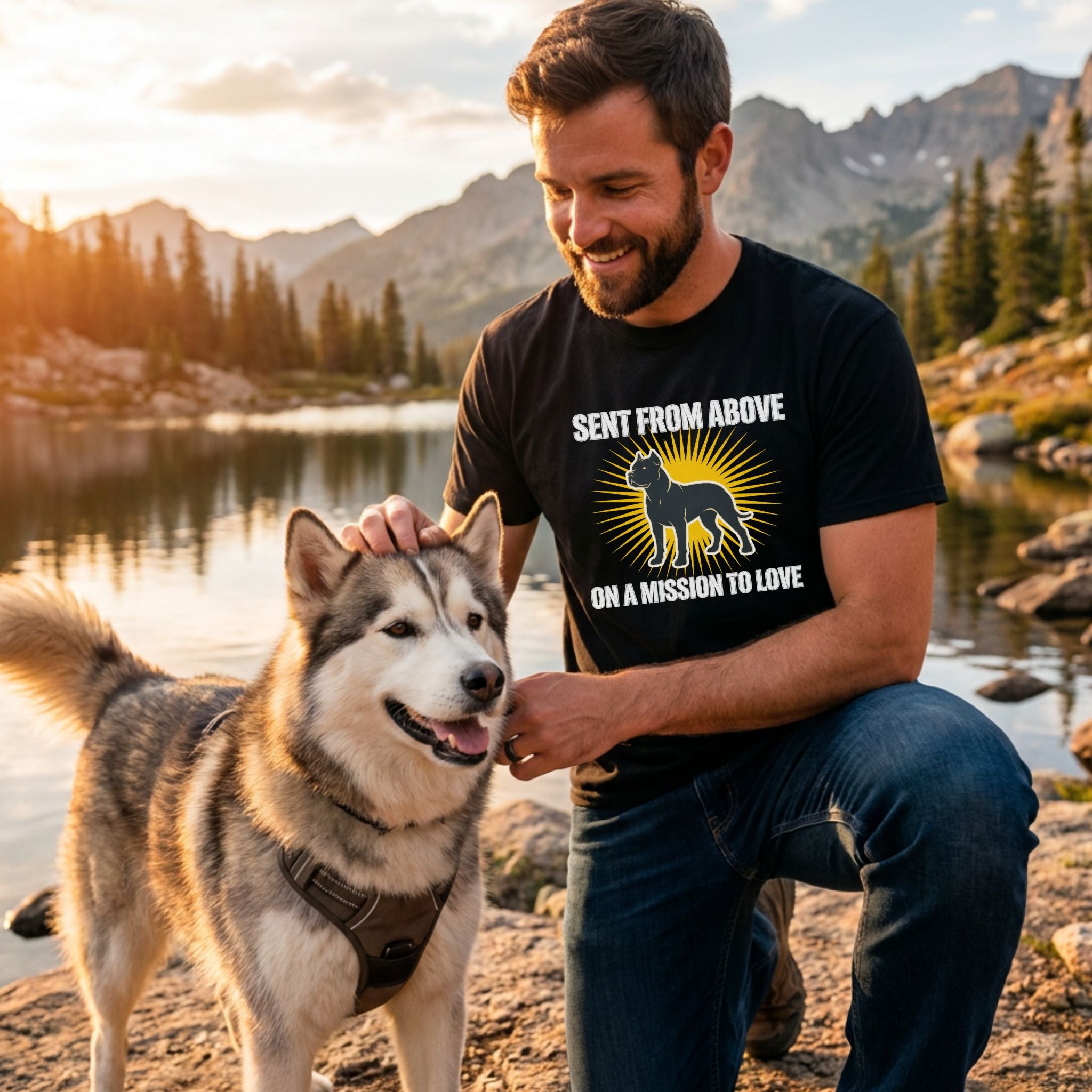 Man in a black "Sent From Above" tee with a rescue dog design, petting a husky by a lake.