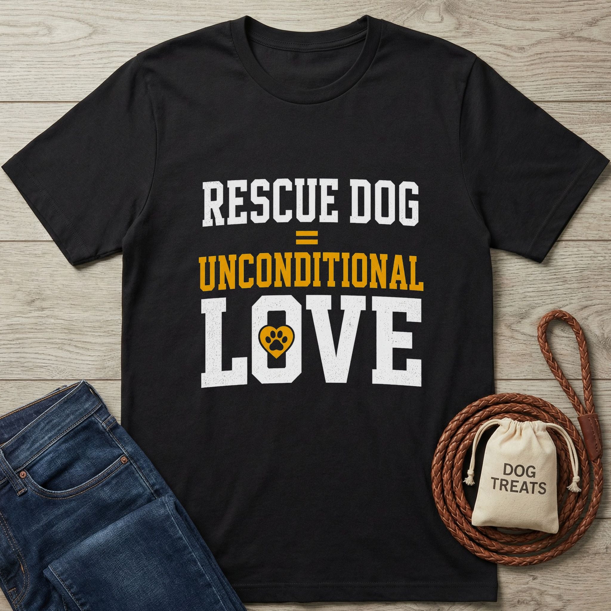 Black Gildan Softstyle® t-shirt with "RESCUE DOG = UNCONDITIONAL LOVE" text and paw print.