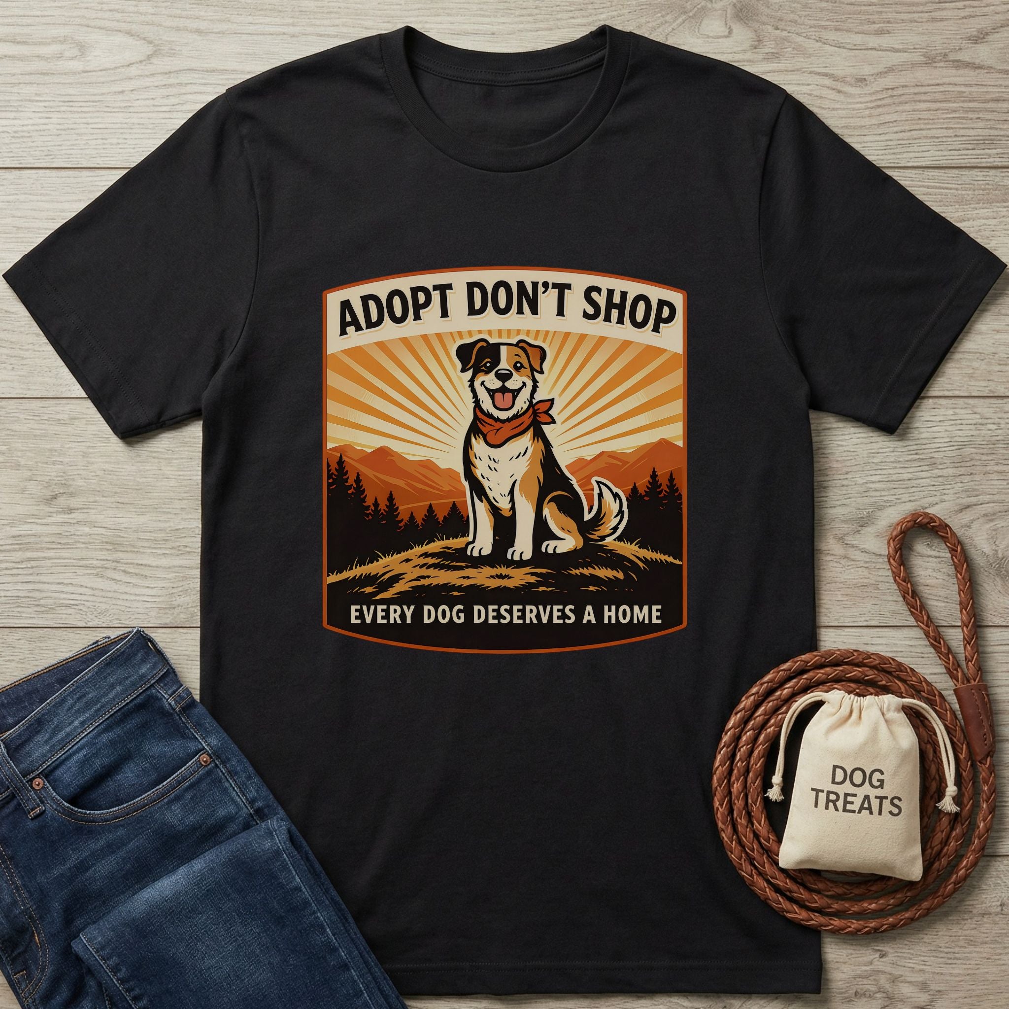Black Gildan Softstyle® t-shirt with "Adopt Don't Shop" graphic featuring a mixed breed dog.