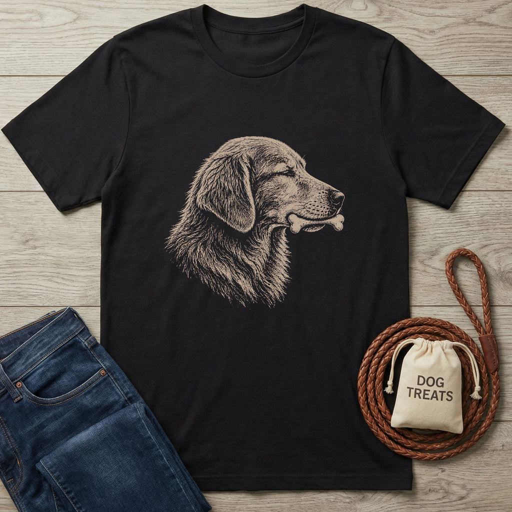 Black cotton t-shirt with a sketch-style golden retriever holding a bone, next to jeans and dog treats.