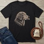 Black cotton t-shirt with a sketch-style golden retriever holding a bone, next to jeans and dog treats.
