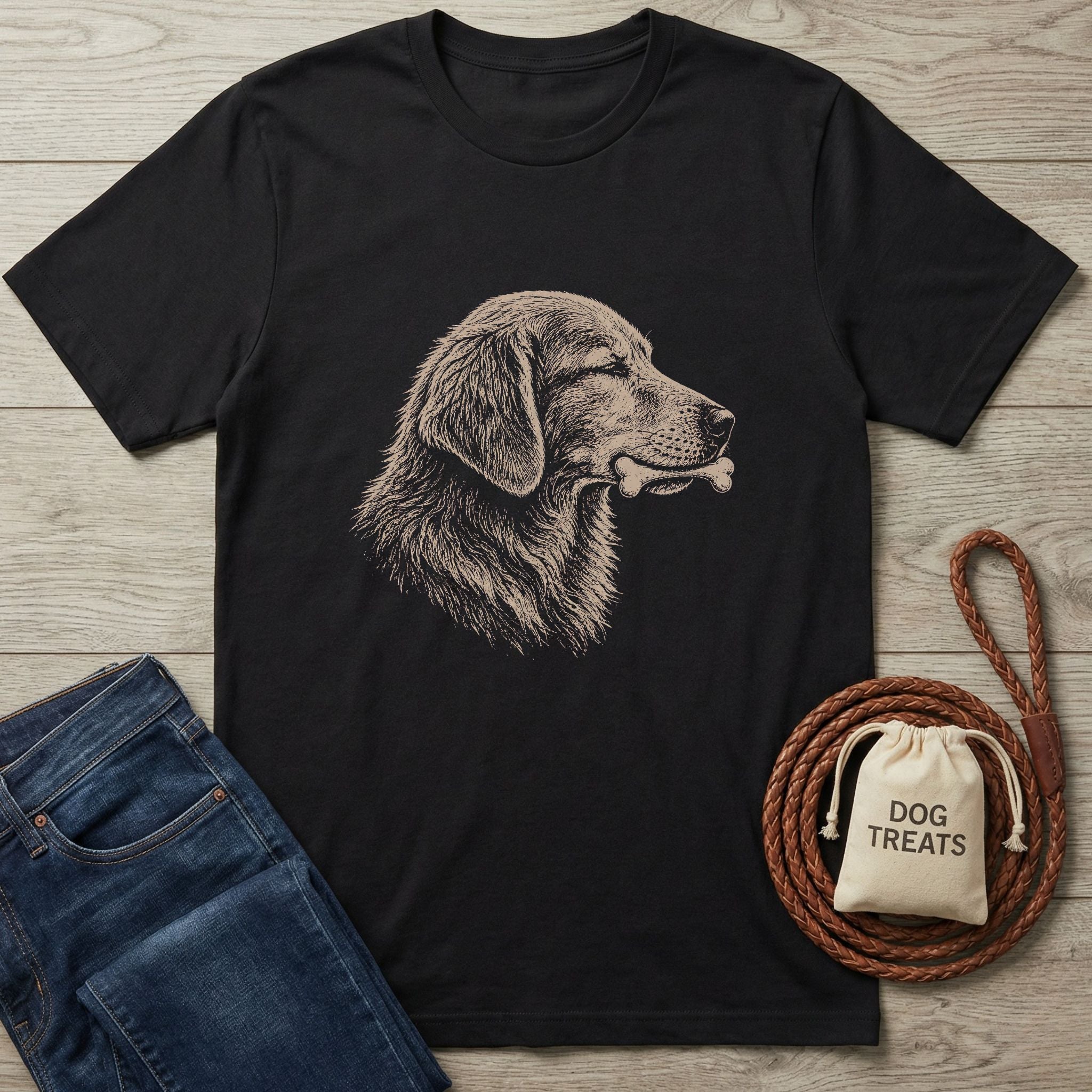 Black cotton t-shirt with a sketch-style golden retriever holding a bone, next to jeans and dog treats.