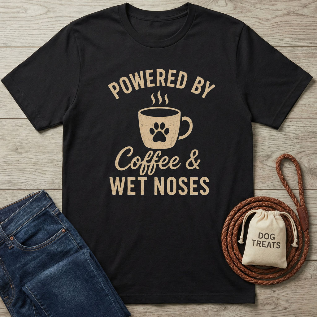 Black t-shirt with "Powered by Coffee & Wet Noses" text, coffee mug, and paw print graphic.