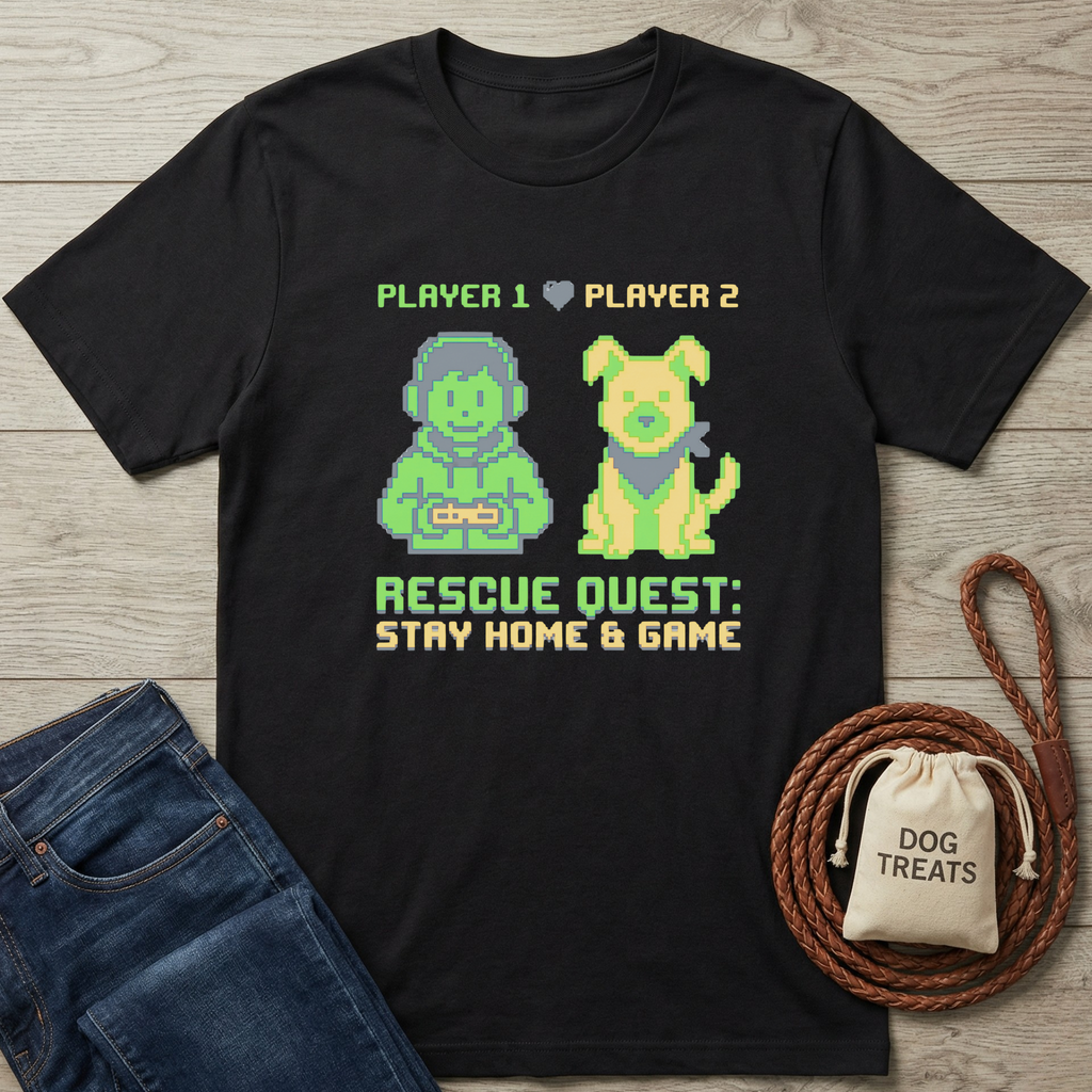 Black cotton t-shirt with pixel art gamer and dog, "Rescue Quest: Stay Home & Game" text.