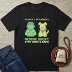 Black cotton t-shirt with pixel art gamer and dog, "Rescue Quest: Stay Home & Game" text.