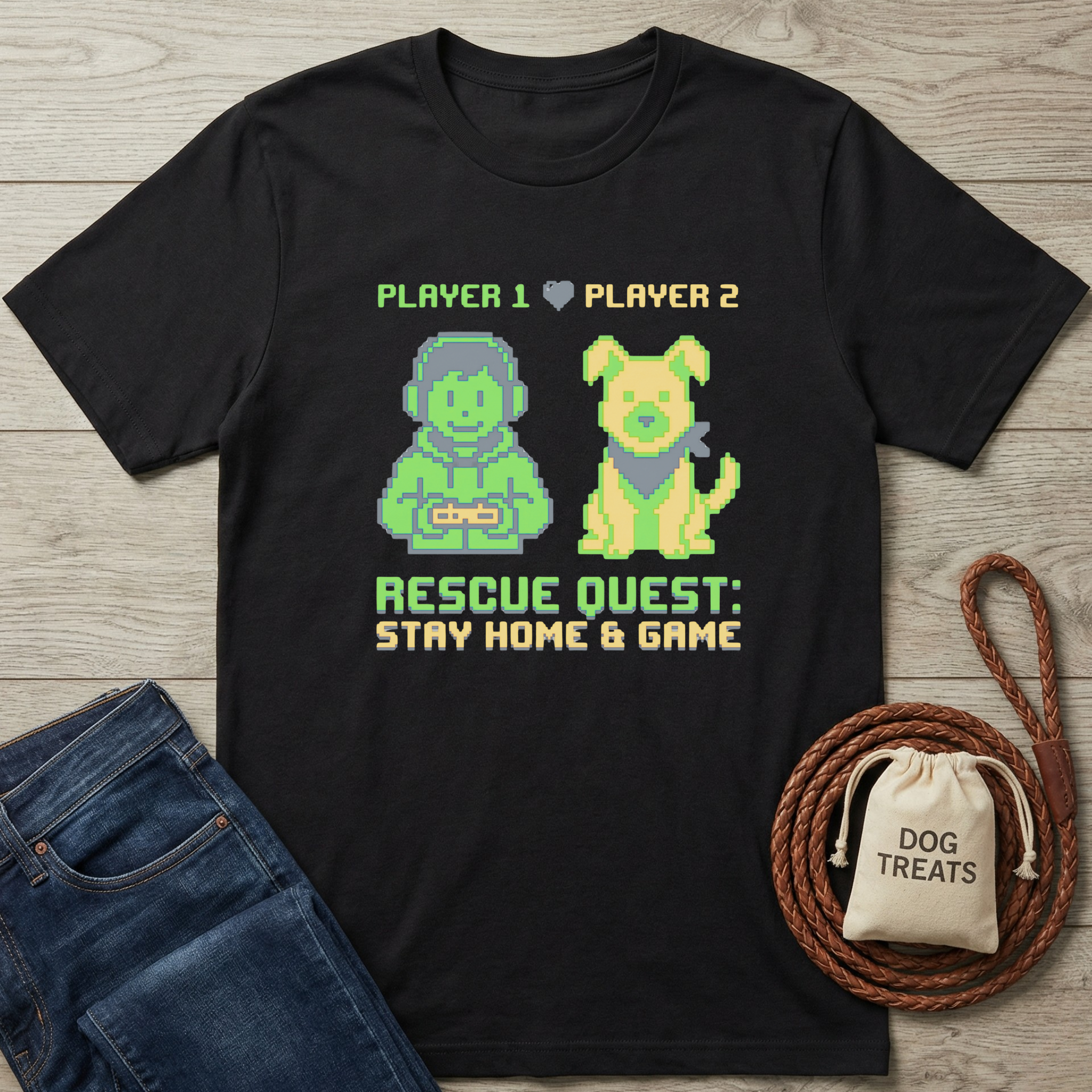 Black cotton t-shirt with pixel art gamer and dog, "Rescue Quest: Stay Home & Game" text.