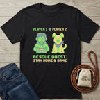 Black Gildan Softstyle® 64000 tee with pixel art of a gamer and dog, "Rescue Quest" text.