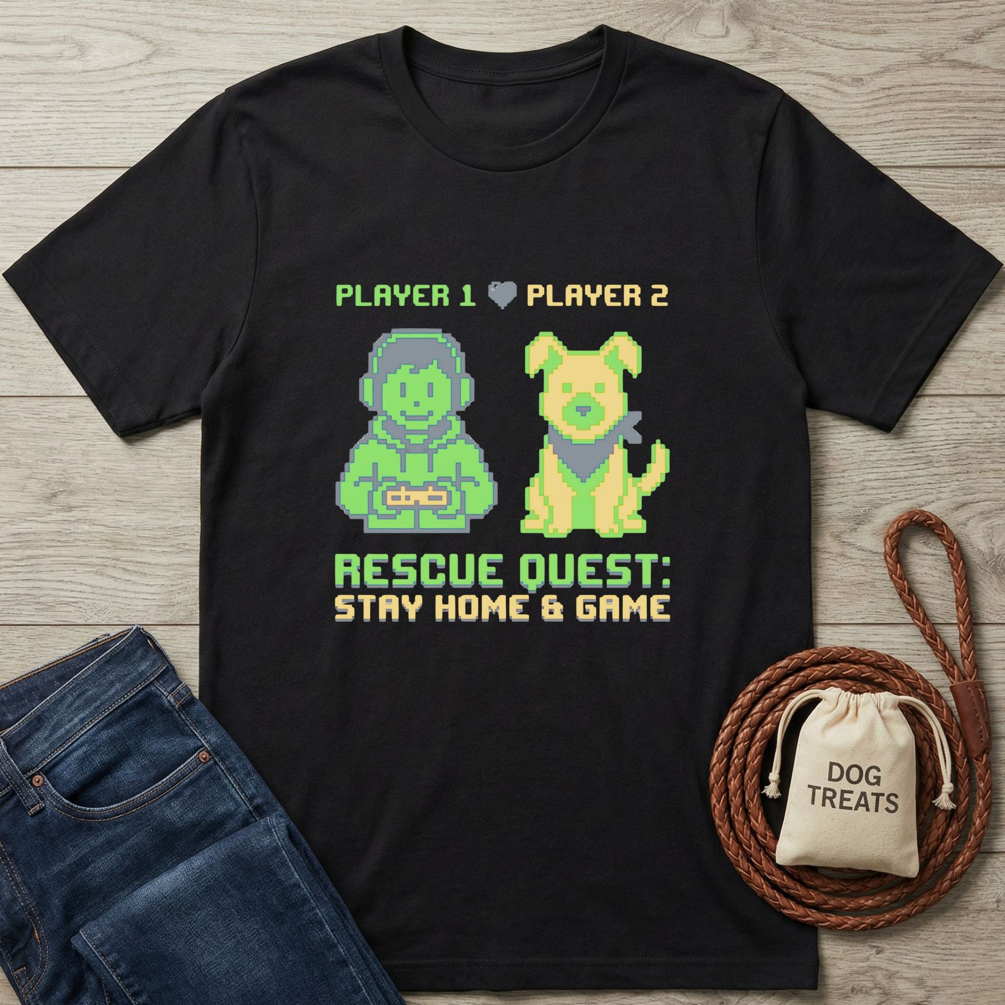 Black Gildan Softstyle® 64000 tee with pixel art of a gamer and dog, "Rescue Quest" text.