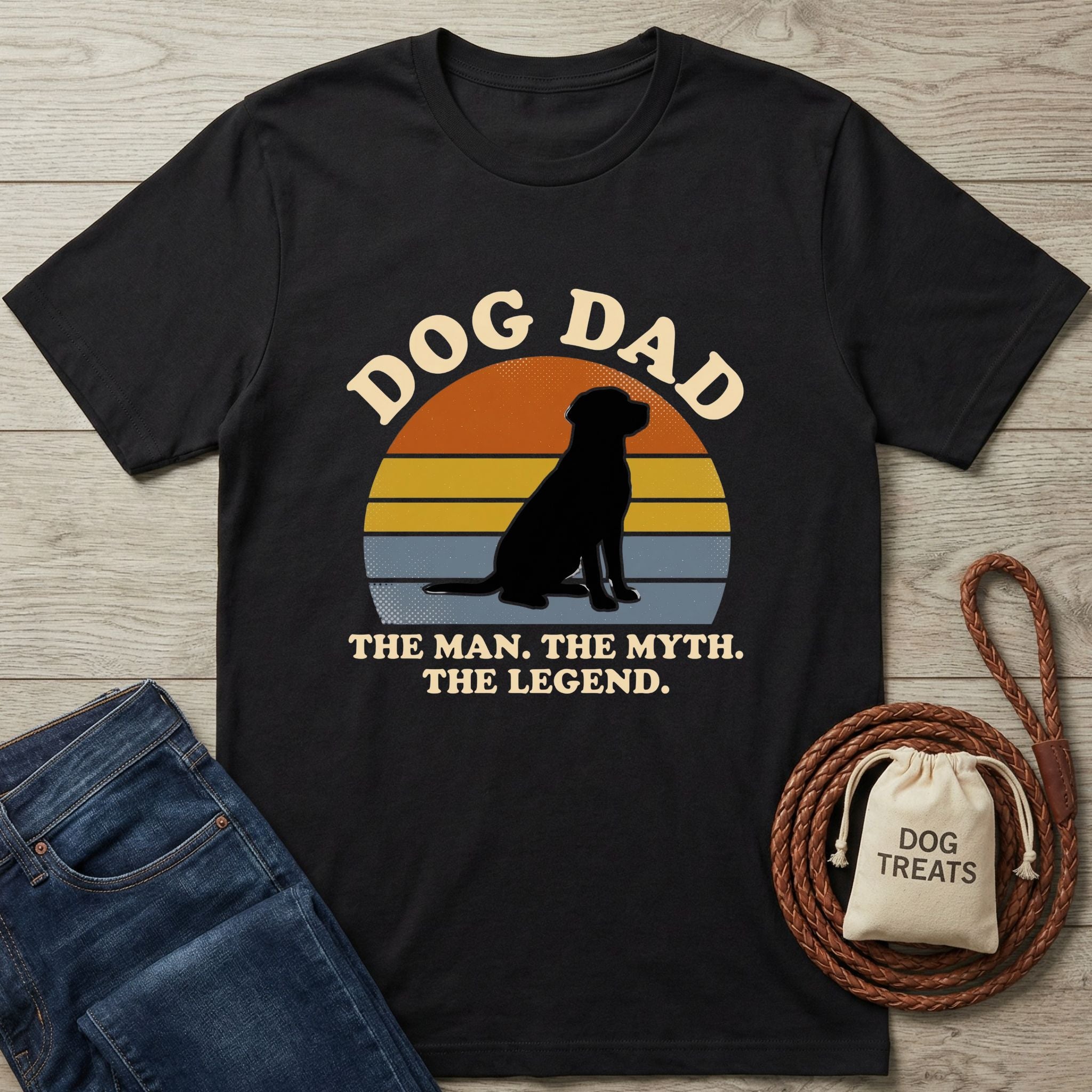 Black "Dog Dad" t-shirt with a sunset and dog silhouette, next to jeans and dog treats.