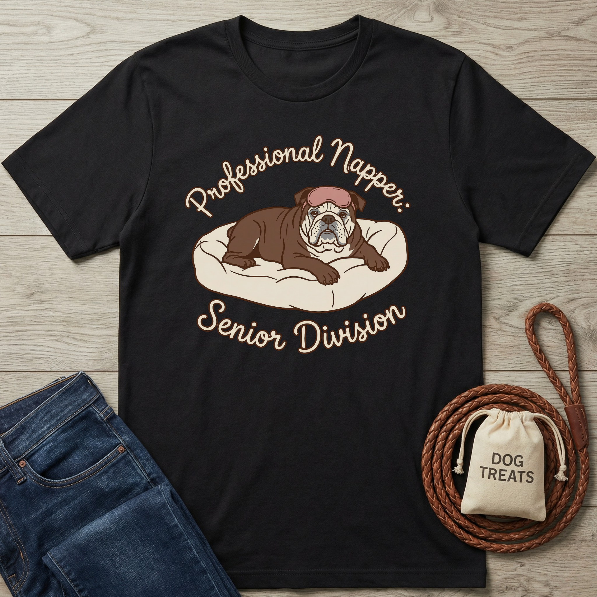 Black cotton t-shirt with a sleeping bulldog on a bed and "Professional Napper: Senior Division" text.