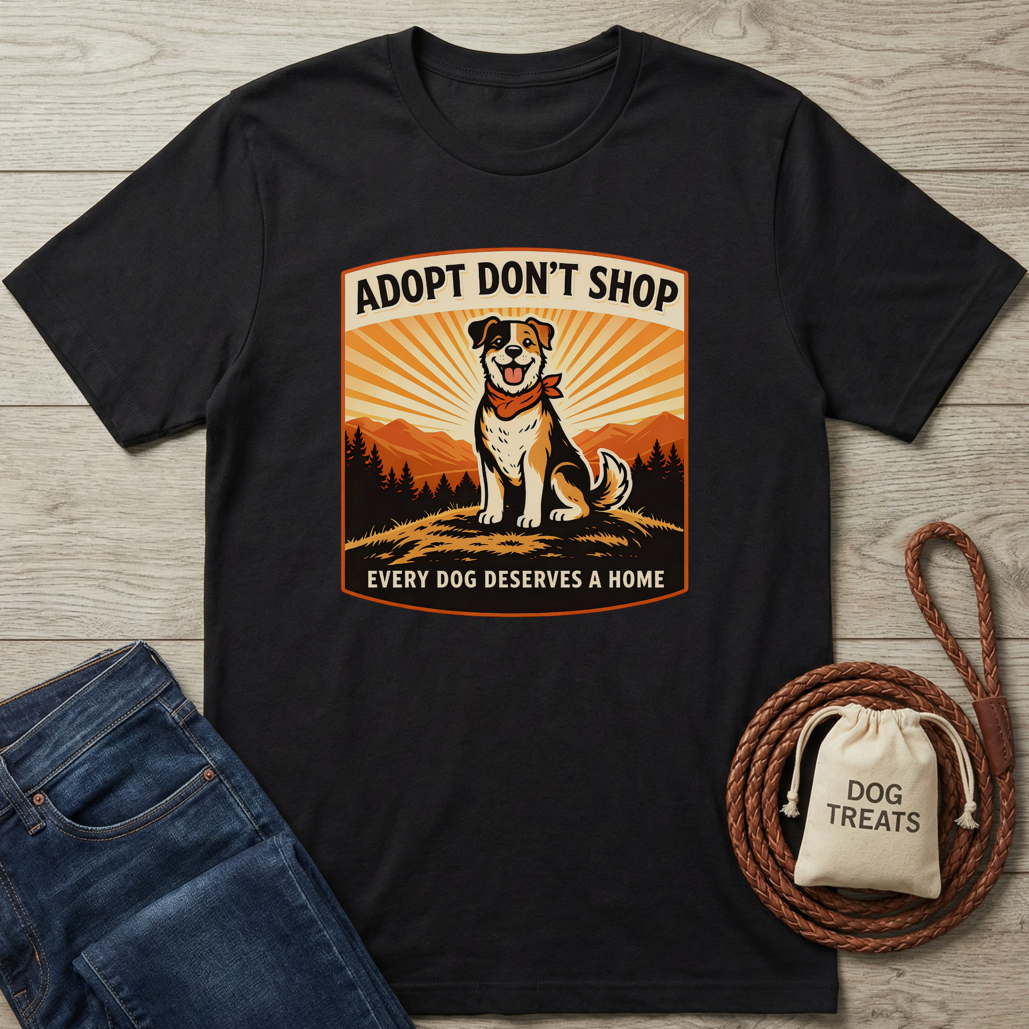 Black cotton t-shirt with "Adopt Don't Shop" graphic featuring a mixed breed dog, mountains, and trees.
