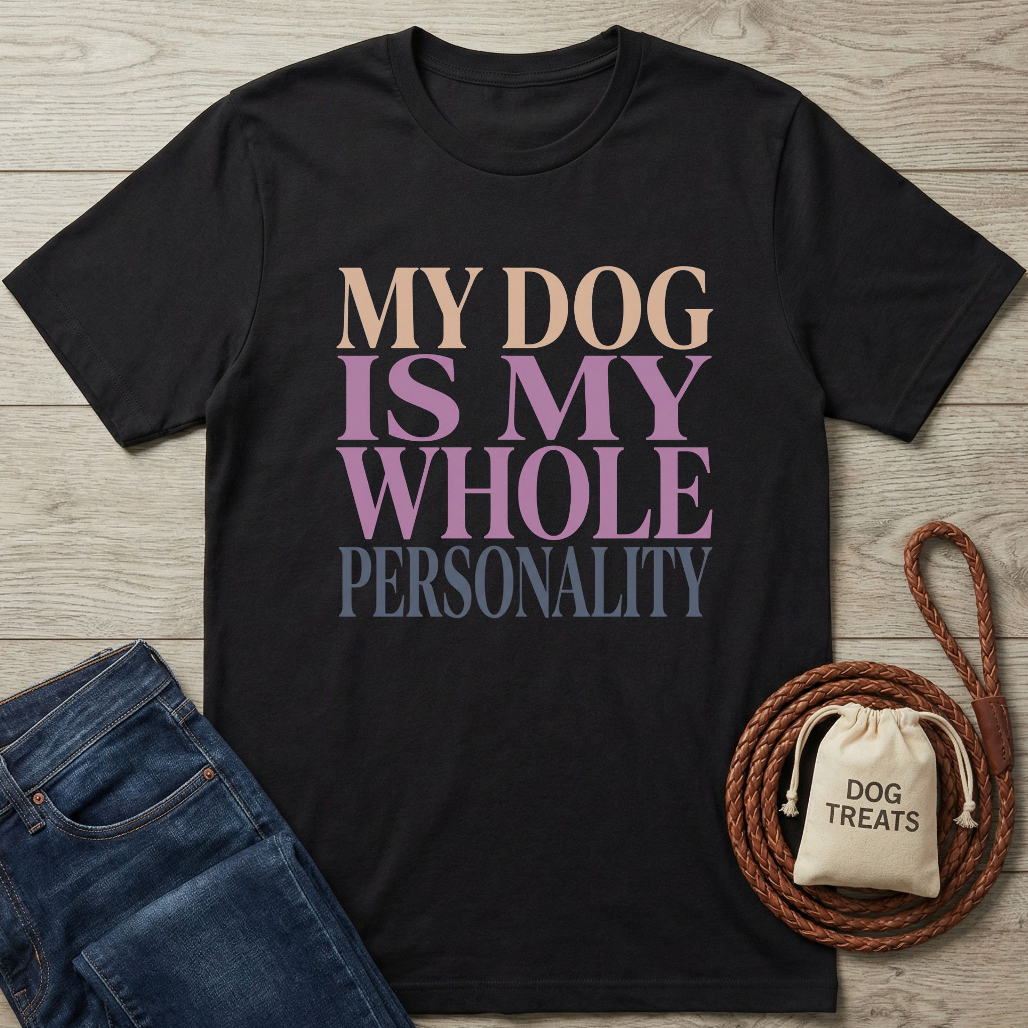Black cotton t-shirt with "My Dog Is My Whole Personality" in peach, lavender, and blue text.