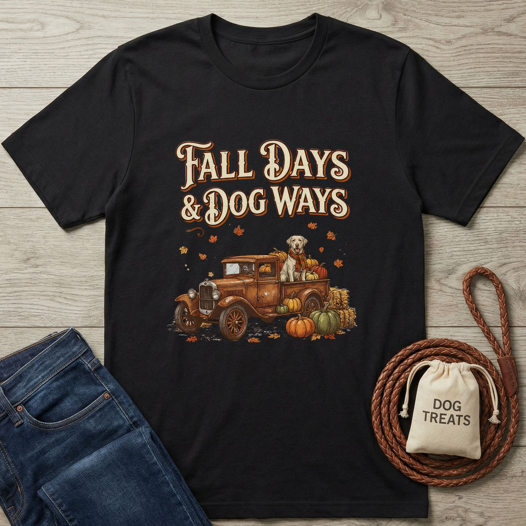 Black Gildan Softstyle® t-shirt with "Fall Days & Dog Ways" text, vintage truck, dog, and pumpkins.