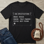 Black Gildan Softstyle® T-shirt with "Dog Specifications" text, jeans, and a dog treat bag.