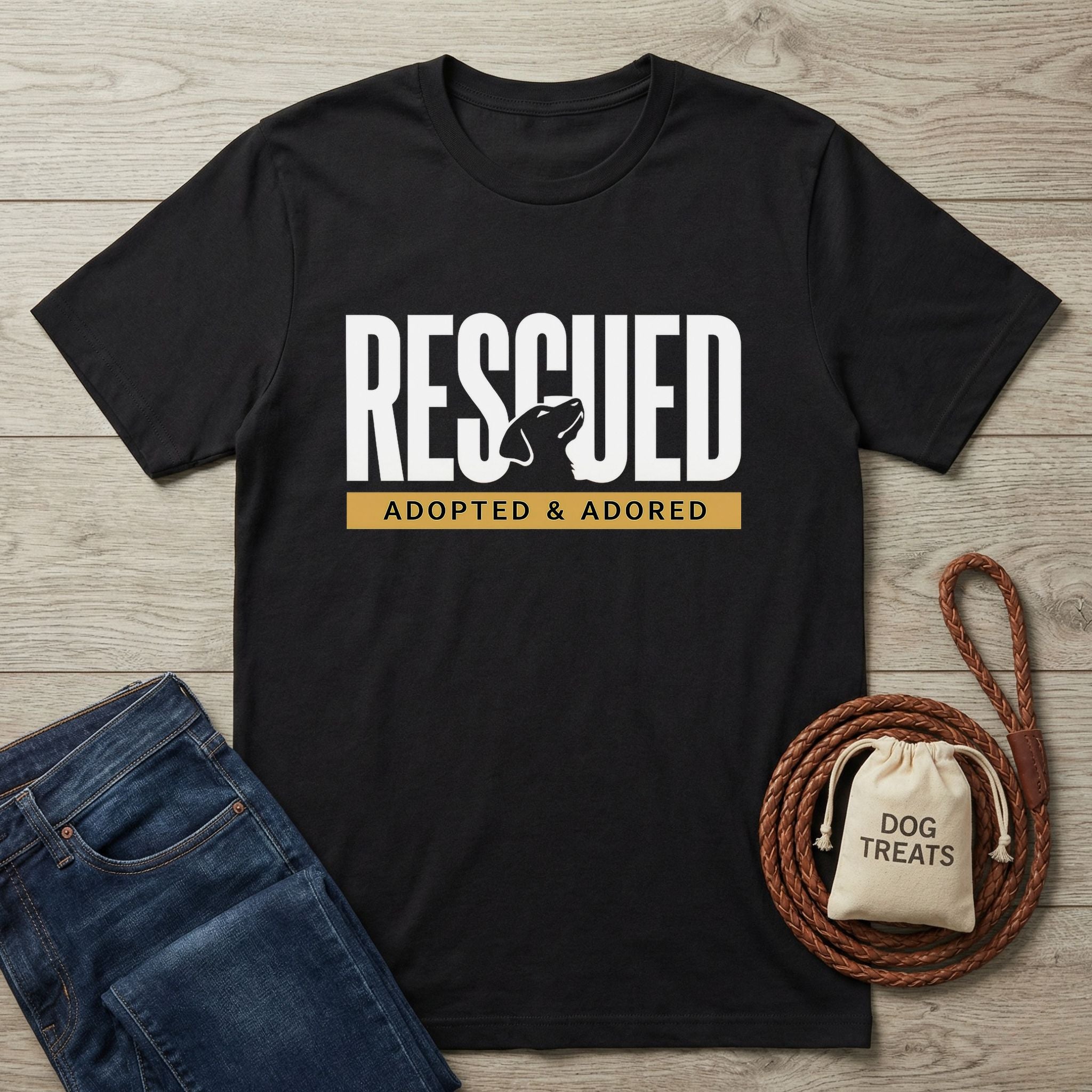 Black "RESCUED ADOPTED & ADORED" graphic tee with dog silhouette, next to jeans, leash, and dog treats bag.