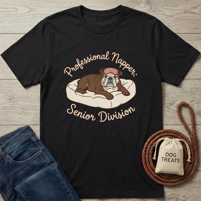 Black cotton t-shirt with a brown bulldog sleeping on a bed, "Professional Napper: Senior Division" text.