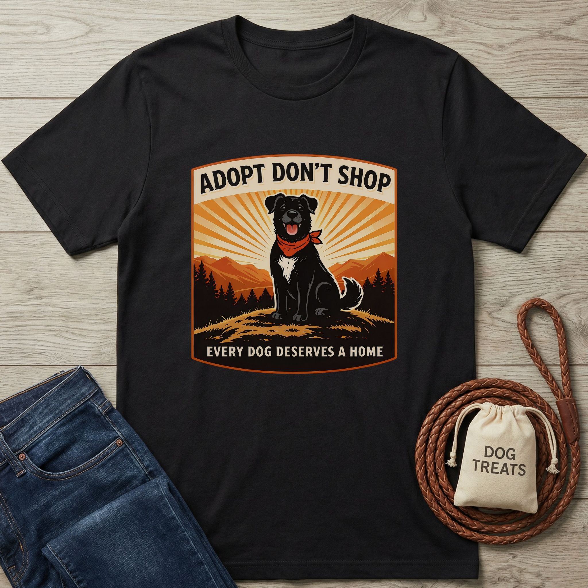 Black Gildan Softstyle t-shirt with "Adopt Don't Shop" graphic featuring a black lab in a red bandana.