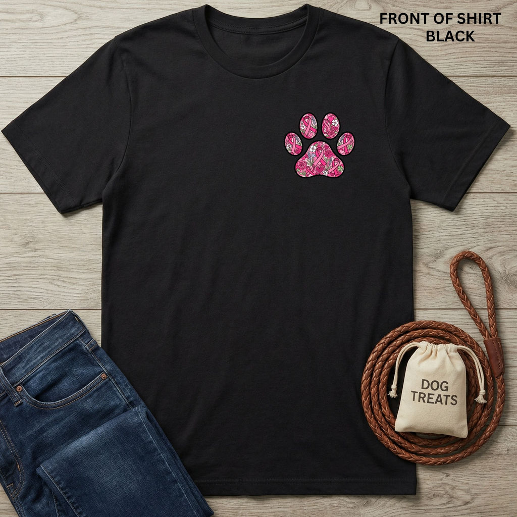 Black Gildan Softstyle® 64000 tee with a pink ribbon paw print design on the left chest.