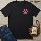 Black Gildan Softstyle® 64000 tee with a pink ribbon paw print design on the left chest.