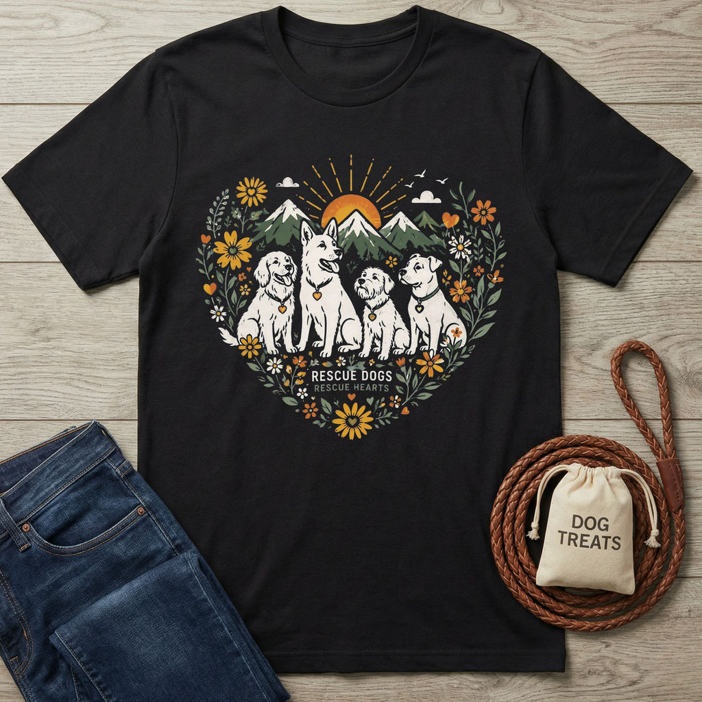 Black Gildan Softstyle® t-shirt with a heart-shaped floral design featuring four rescue dogs, mountains, and a sunset.