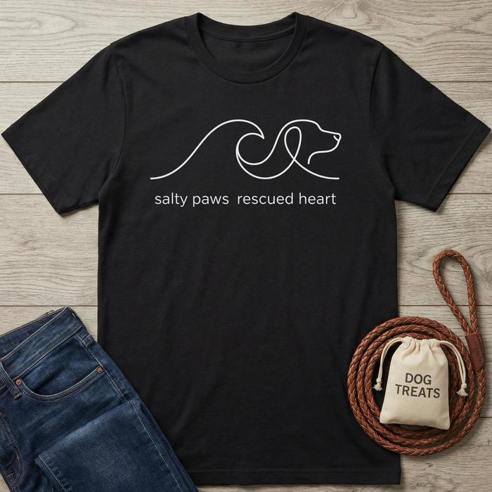 Black Salty Paws Rescued Heart t-shirt with white wave and dog outline design, next to jeans and dog treats.