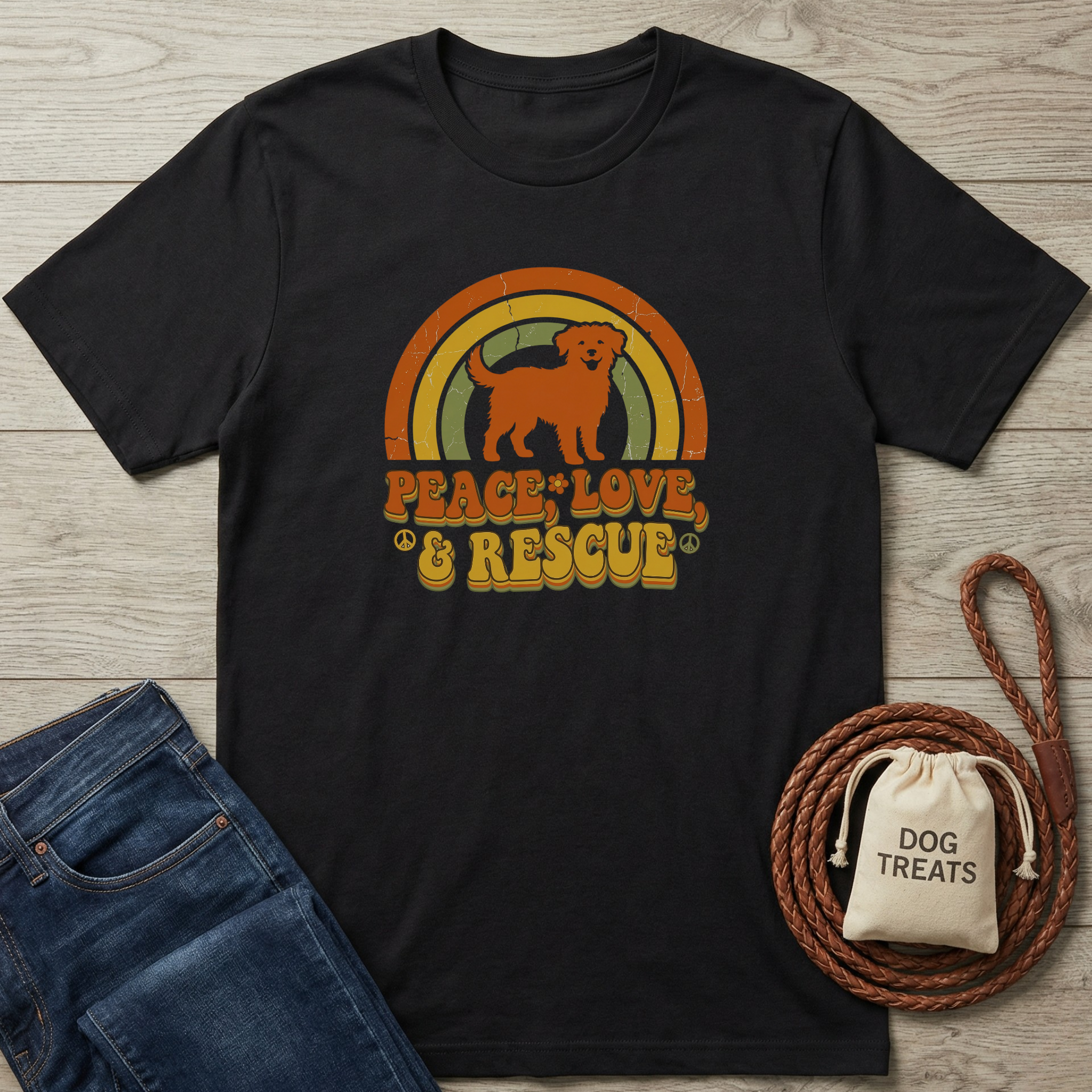 Black cotton t-shirt with a retro "Peace Love & Rescue" design featuring a dog and rainbow.