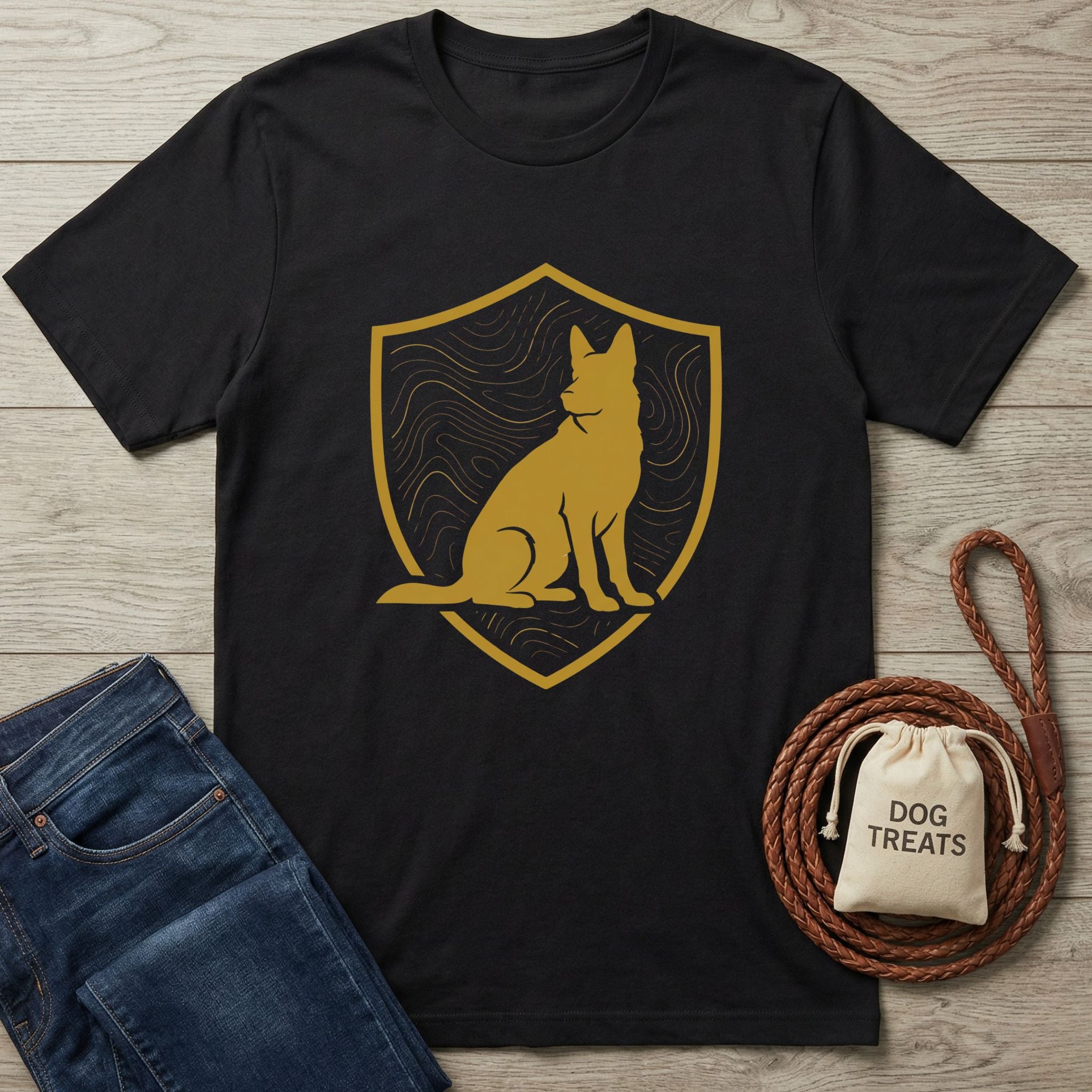 Black t-shirt with a gold shield emblem featuring a sitting canine silhouette and topographic lines.