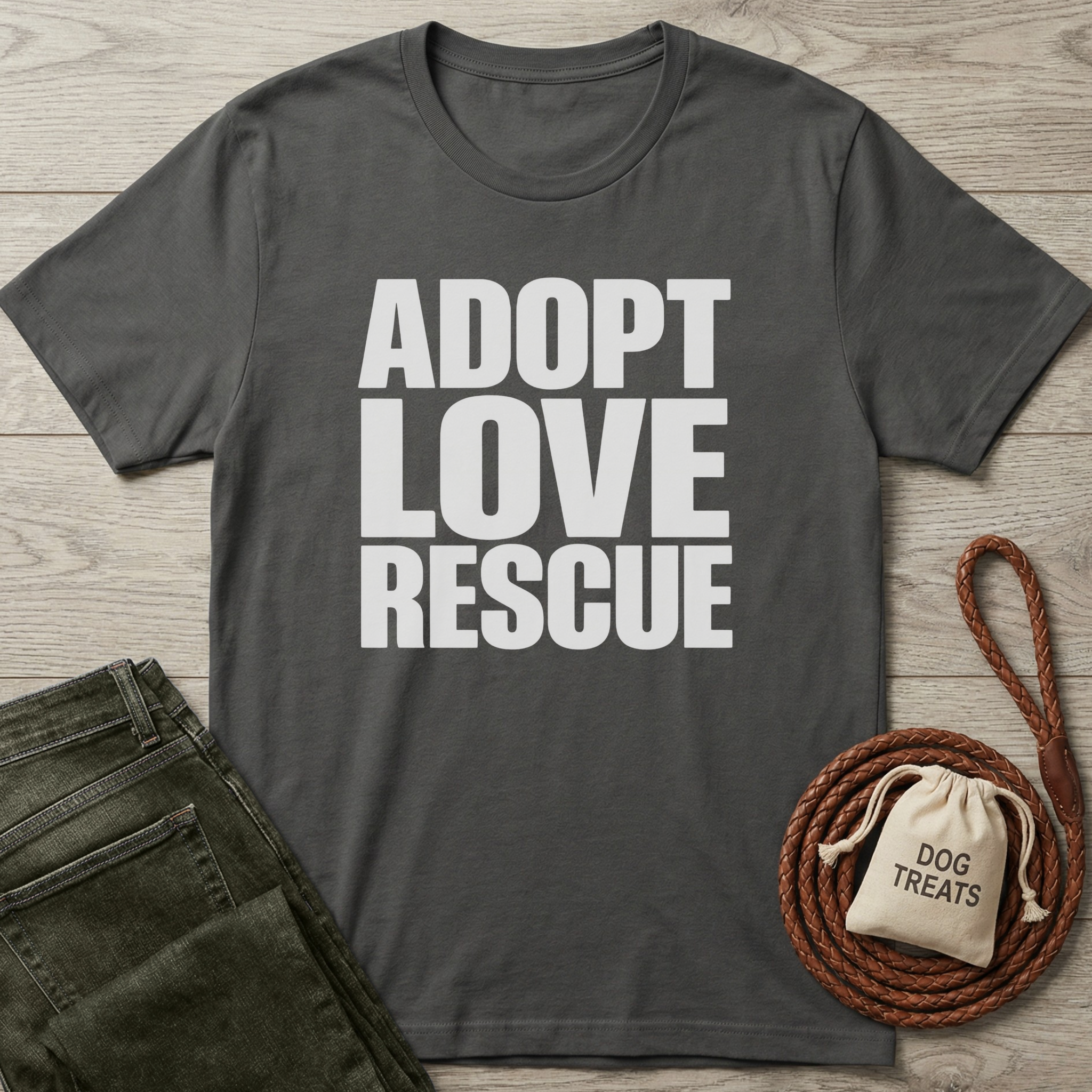 Charcoal gray cotton Adopt Love Rescue t-shirt with white text, next to green jeans and dog treats.