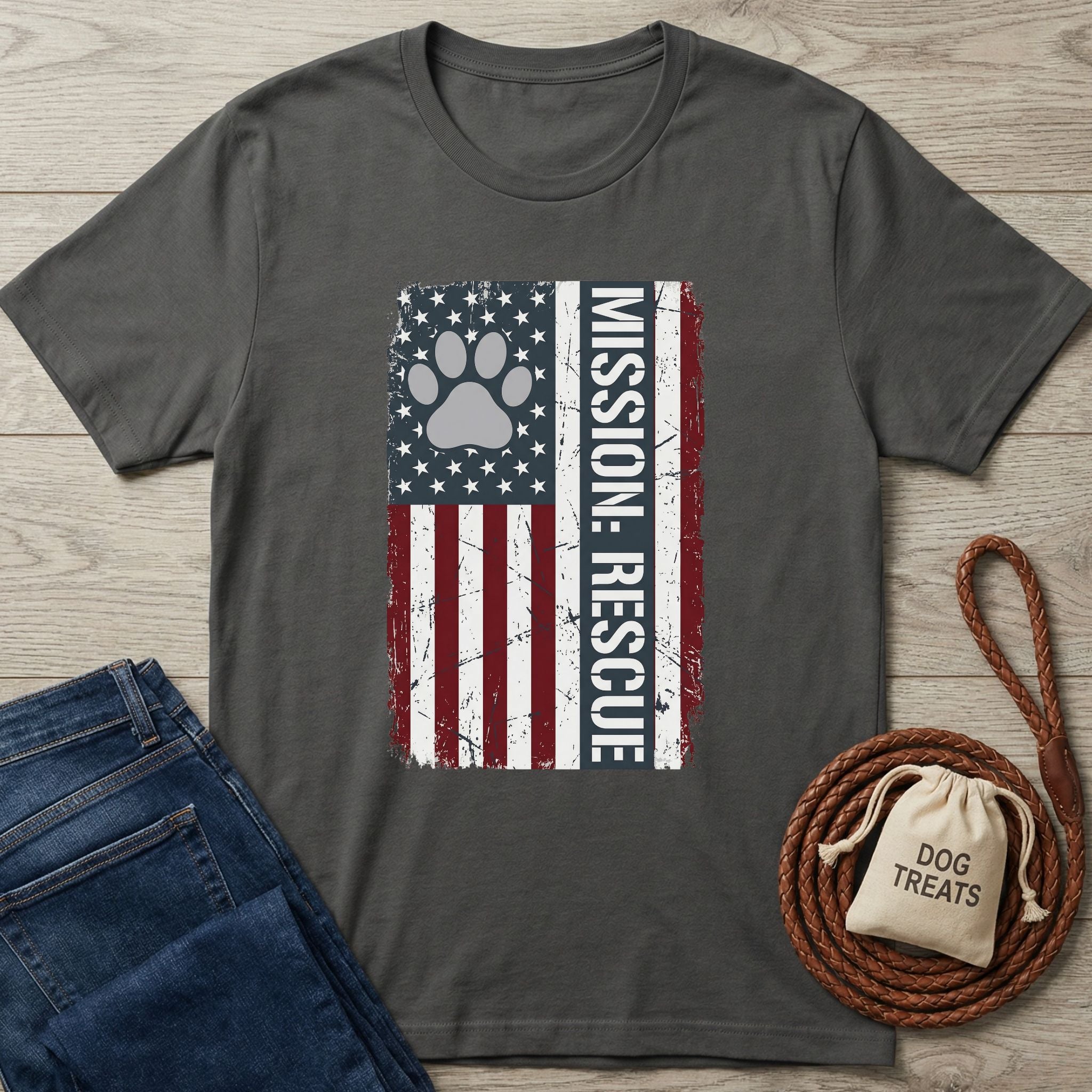 Charcoal gray Gildan Softstyle® tee with a distressed American flag and "MISSION: RESCUE" text, featuring a paw print.