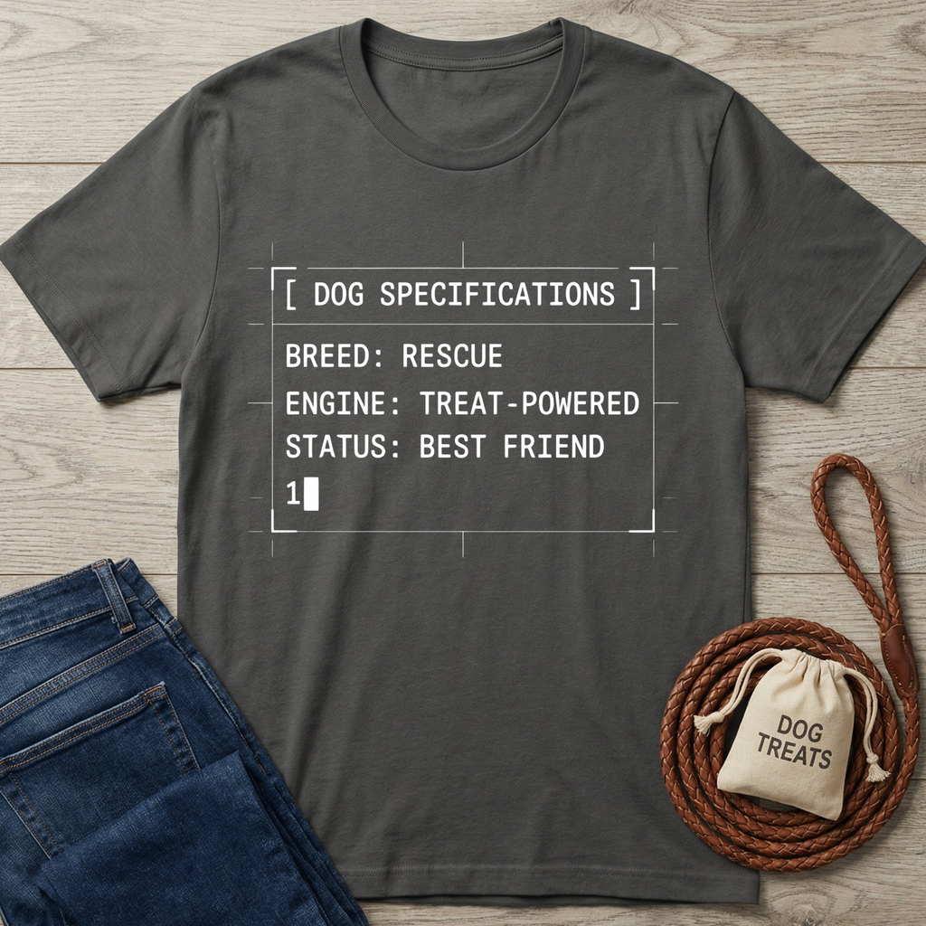 Dark grey Gildan Softstyle t-shirt with "Dog Specifications" text, jeans, and a dog treat bag.