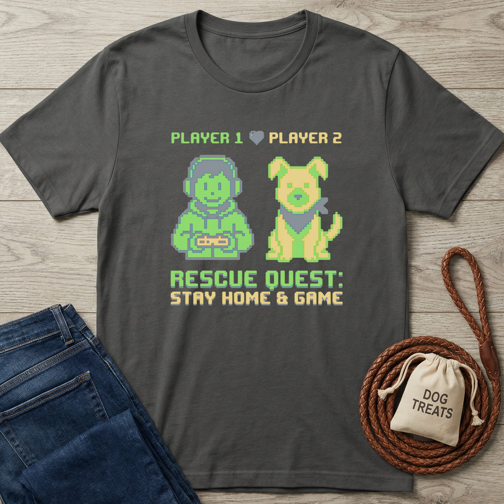 Dark gray cotton t-shirt with pixel art of a gamer and dog, "Rescue Quest: Stay Home & Game" text.