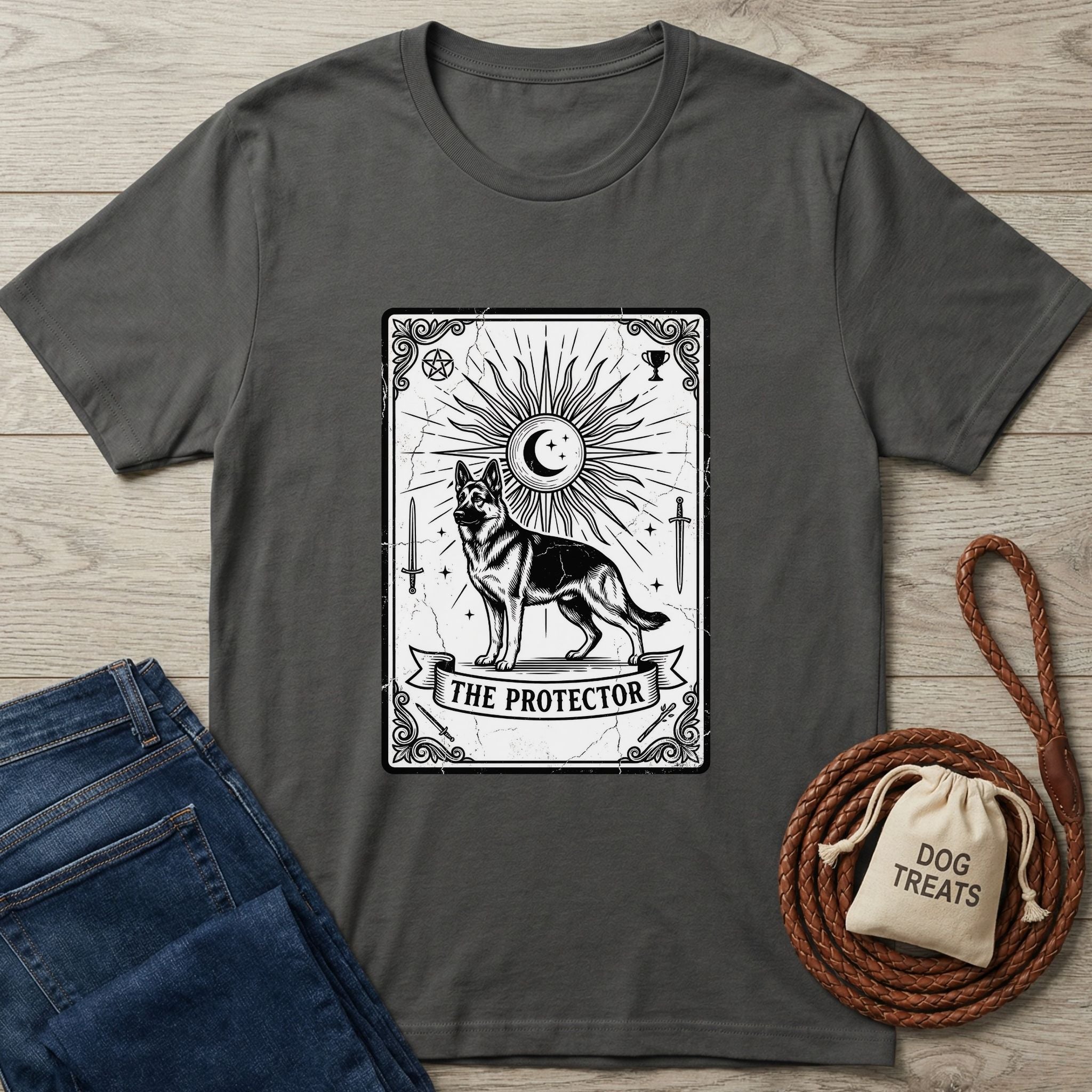Charcoal grey Gildan Softstyle® t-shirt with a "The Protector" tarot card design featuring a German Shepherd.