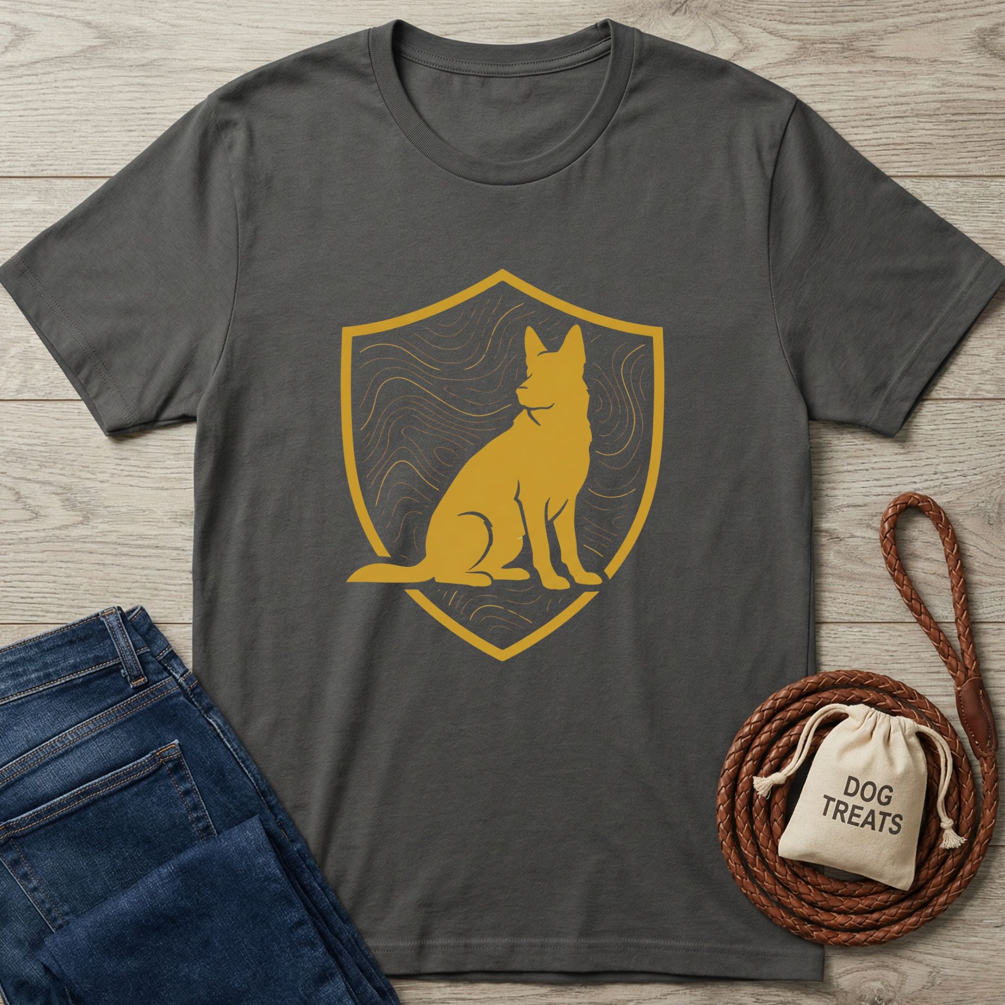 Charcoal gray Rescue Shield T-shirt with a gold canine silhouette in a shield emblem.