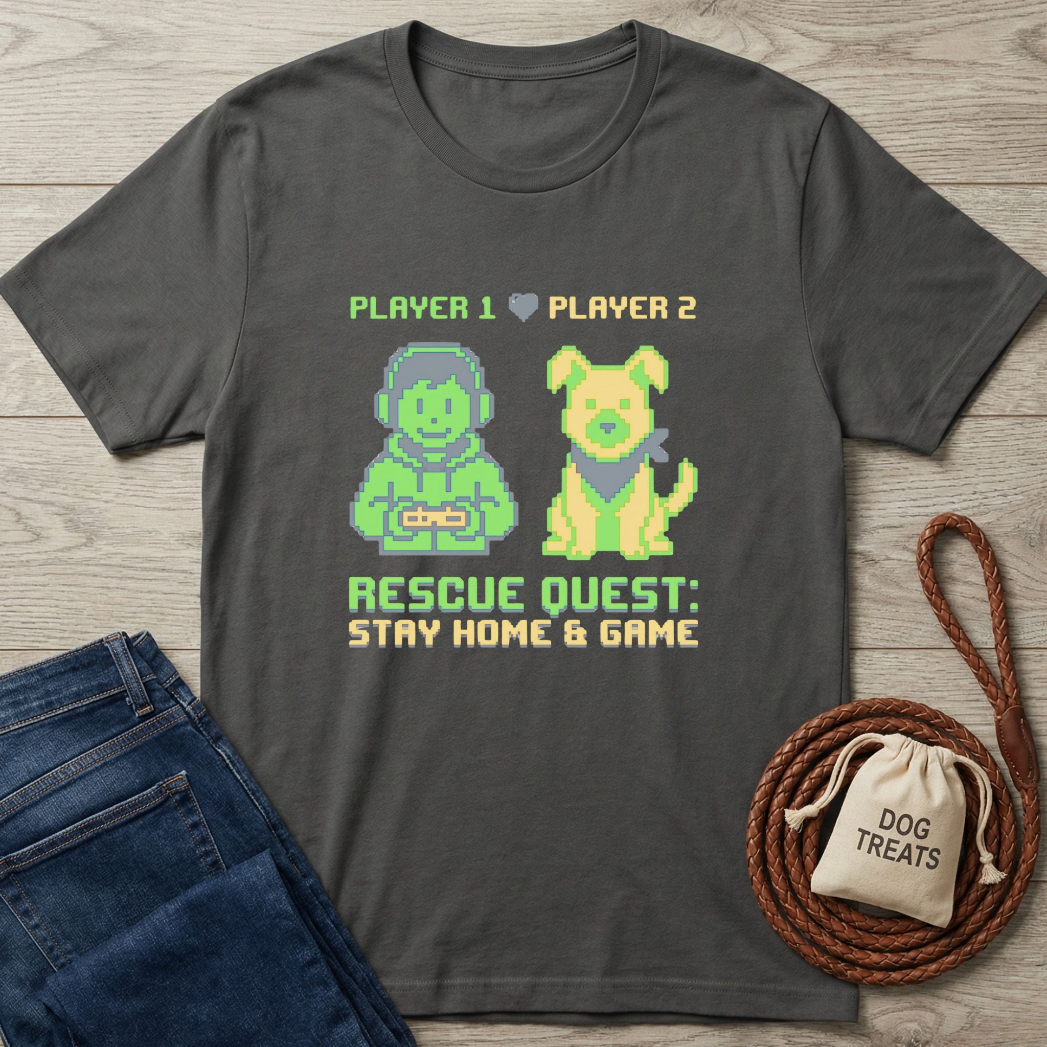 Charcoal gray Gildan Softstyle® 64000 t-shirt with pixel art of a gamer and dog, "Rescue Quest" text.