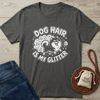 Charcoal grey Gildan Softstyle® t-shirt with "Dog Hair is My Glitter" graphic, jeans, and dog treats.