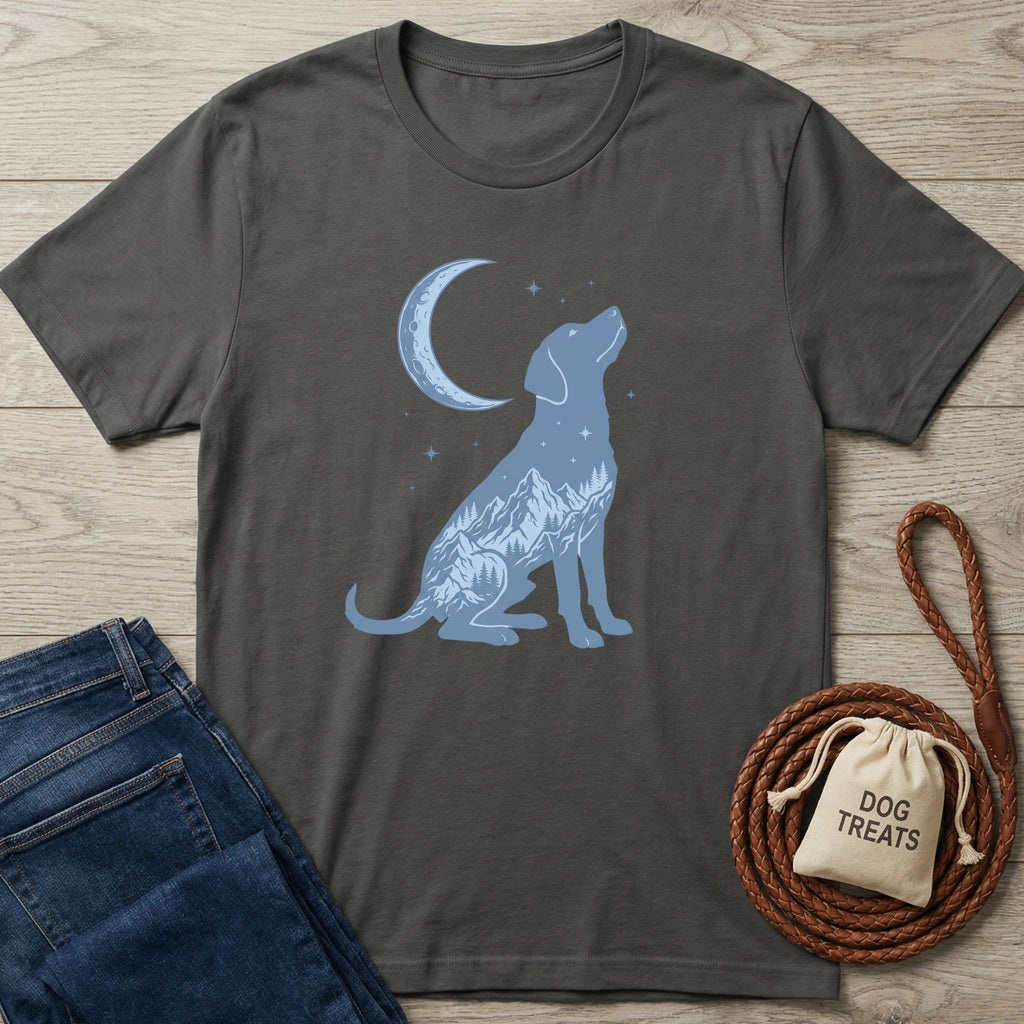 Charcoal gray Blue Moon T-shirt with a blue dog and mountain silhouette under a crescent moon.