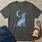 Charcoal gray Blue Moon T-shirt with a blue dog and mountain silhouette under a crescent moon.